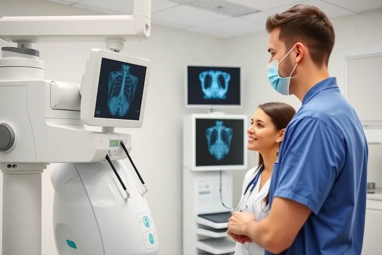 Instructor guiding student through imaging equipment