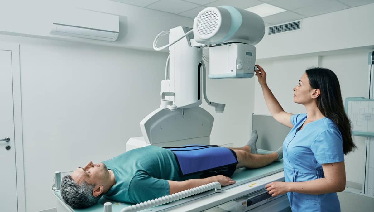 Medical professional assisting patient during imaging